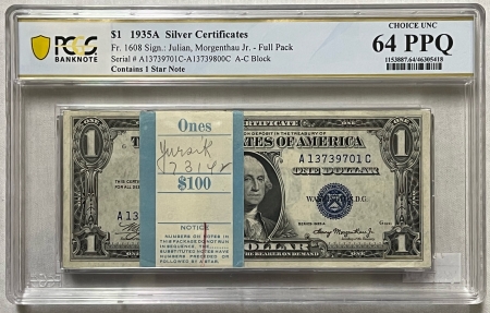 New Certified Coins FULL PACK 100 CONSECUTIVE NOTES W/ STAR 1935-A $1 SILVER CERTIFICATE-PCGS 64 PPQ