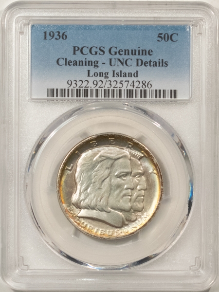 New Certified Coins 1936 LONG ISLAND COMMEMORATIVE HALF DOLLAR – PCGS GENUINE, CLEANING UNC DETAILS