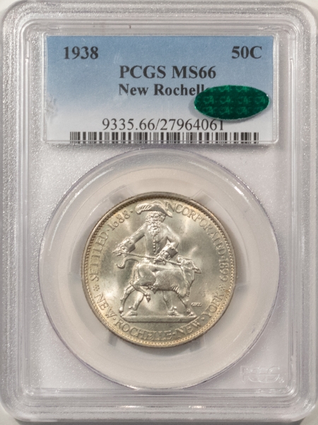 CAC Approved Coins 1938 NEW ROCHELLE COMMEMORATIVE HALF DOLLAR – PCGS MS-66, LUSTROUS, PQ & CAC!