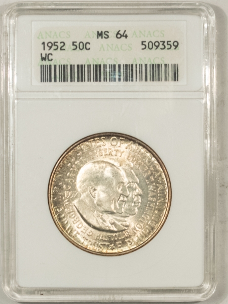 New Certified Coins 1952 WASHINGTON-CARVER COMMEMORATIVE HALF DOLLAR – ANACS MS-64, PQ! WHITE HOLDER