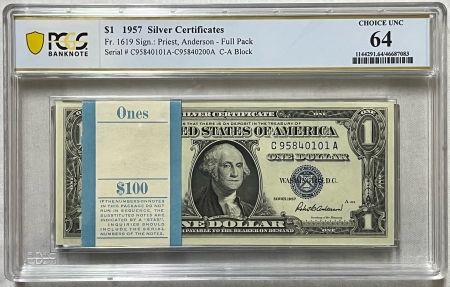 New Store Items FULL PACK OF 100 CONSECUTIVE NOTES, 1957 $1 SILVER CERTIFICATES, PCGS CH UNC-64!