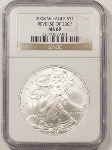 American Silver Eagles 2008-W $1 AMERICAN SILVER EAGLE, REVERSE OF 2007 – NGC MS-69, WHITE