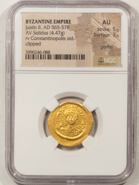 Ancient Certified Coins JUSTIN II AD 565-578 BYZANTINE EMPIRE AV GOLD SOLIDUS 4.38G NGC AU 5/5 3/5 GRAF