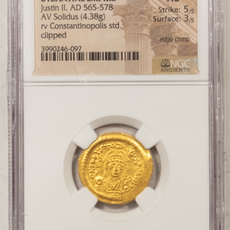 New Store Items JUSTIN II AD 565-578 BYZANTINE EMPIRE AV GOLD SOLIDUS 4.47G NGC AU CLIP 5/5 3/5