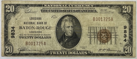 Small U.S. Notes 1929 $20 LOUISIANA NATIONAL BANK OF BATON ROUGE – CHTR 9834, ORIGINAL & VF!