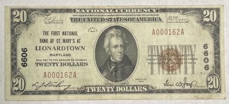 New Store Items 1929 $20, FIRST NATIONAL BANK OF LEONARDTOWN, MD, CHTR 6606-CHOICE VF, EMBOSSED!