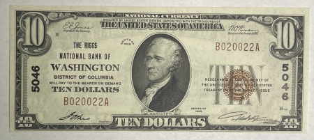 New Store Items 1929 $10 RIGGS NATIONAL BANK OF WASHINGTON DC, CHTR 5046-CU, FRESH & EMBOSSED!