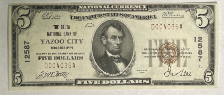 New Store Items 1929 $5 DELTA NATIONAL BANK OF YAZOO CITY, MISSISSIPPI, CHTR 12587, FRESH & CU!