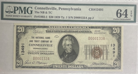 New Store Items 1929 $20 NATIONAL BANK NOTE, NBT CO OF CONNELLSVILLE, PA, CHTR 13491, PMG 64 EPQ