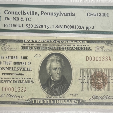 New Store Items 1929 $20 NATIONAL BANK NOTE, NBT CO OF CONNELLSVILLE, PA, CHTR 13491, PMG 64 EPQ