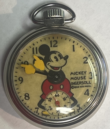 Jewelry MICKEY MOUSE POCKETWATCH, 50 mm, INGERSOL, 1934, YELLOW HANDS, BRIGHT & MINT!