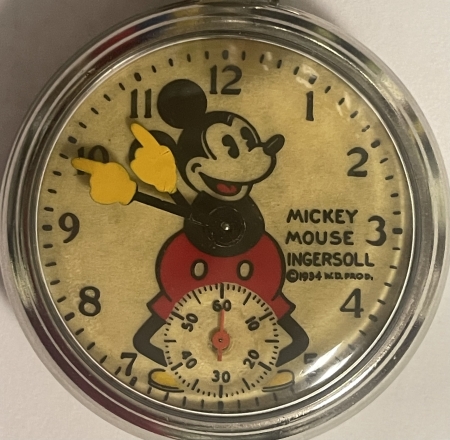 Jewelry MICKEY MOUSE POCKETWATCH, 50 mm, INGERSOL, 1934, YELLOW HANDS, BRIGHT & MINT!