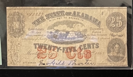 New Store Items 1863 STATE OF ALABAMA 25c, CR-6a “2ND SERIES” LARGE LETTERS, R-7, ORIGINAL F/VF!
