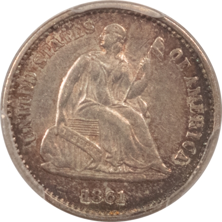 Liberty Seated Half Dimes 1861/0 SEATED LIBERTY HALF DIME, OVERDATE FS-301 (003.6) – PCGS AU-55, POPULAR!