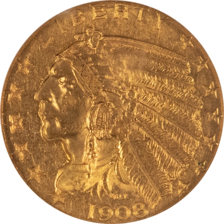 $5 1908 $5 INDIAN HALF EAGLE GOLD – NGC AU-58