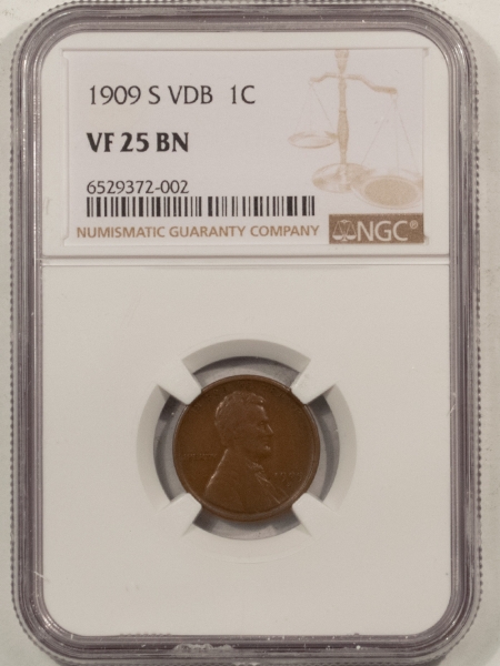 Lincoln Cents (Wheat) 1909-S VDB LINCOLN CENT – NGC VF-25 BN, SMOOTH BROWN KEY-DATE!