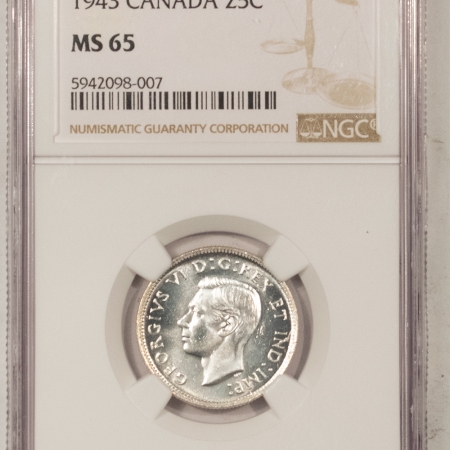 New Certified Coins 1943 CANADA TWENTY-FIVE CENTS NGC MS-65