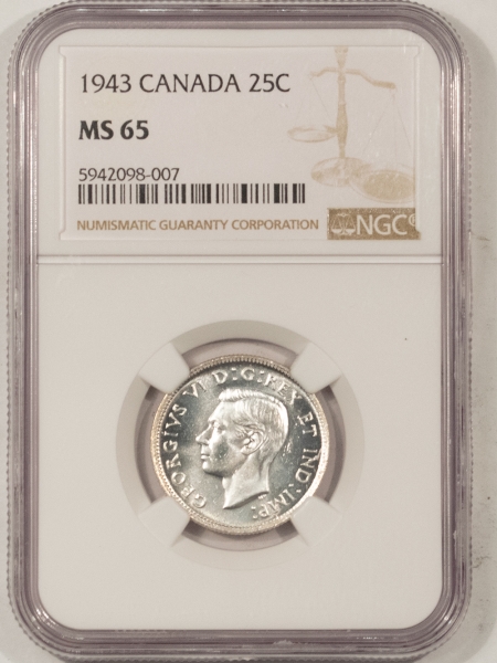 New Certified Coins 1943 CANADA TWENTY-FIVE CENTS NGC MS-65