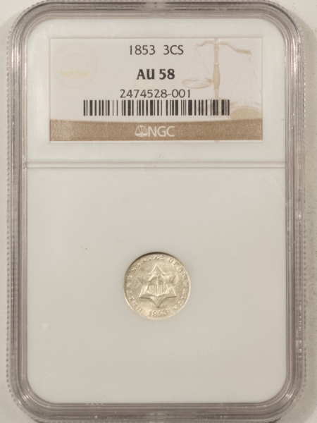 New Certified Coins 1853 THREE CENT SILVER – NGC AU-58, FLASHY WHITE!