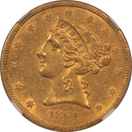 $5 1861 $5 LIBERTY GOLD – NO MOTTO – NGC AU-58, POPULAR CIVIL WAR DATE!