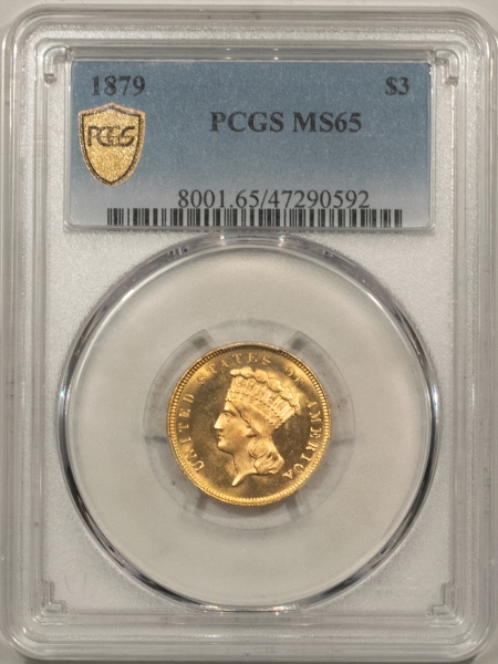 $3 1879 $3 DOLLAR GOLD – PCGS MS-65, PREMIUM QUALITY! LOW MINTAGE RARE DATE!