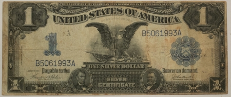 Large Silver Certificates 1899 $1 BLACK EAGLE SILVER CERTIFICATE, FR-233 – VF, REVERSE WRITING