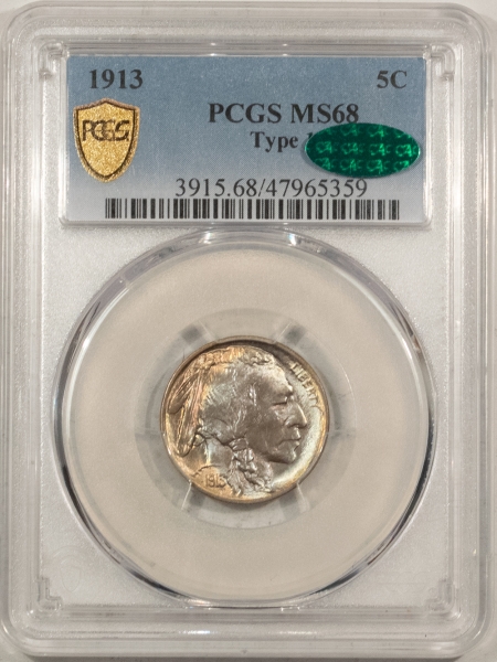 Buffalo Nickels 1913 TY I BUFFALO NICKEL PCGS MS-68 CAC APPROVED GORGEOUS SUPERB GEM, PQ!