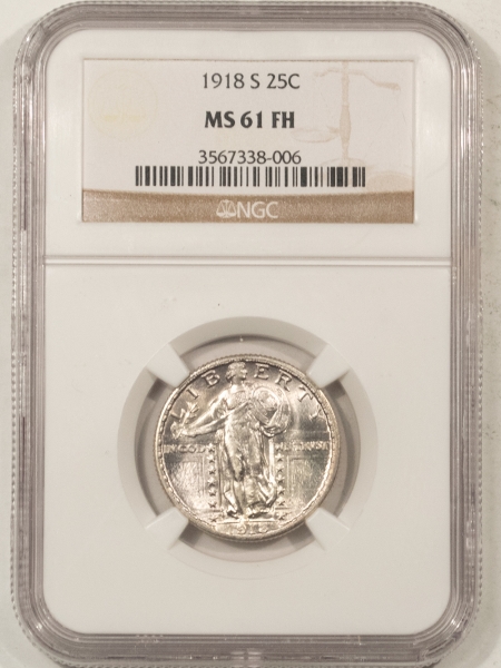 New Certified Coins 1918-S STANDING LIBERTY QUARTER – NGC MS-61 FH, BLAST WHITE & SCARCE!