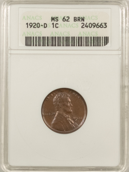 Lincoln Cents (Wheat) 1920-D LINCOLN CENT – ANACS MS-62 BRN, PREMIUM QUALITY!