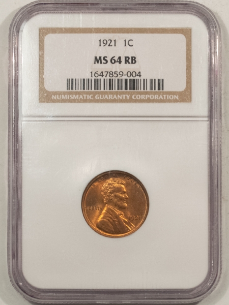 Lincoln Cents (Wheat) 1921 LINCOLN CENT – NGC MS-64 RB, MOSTLY RED & NICE!