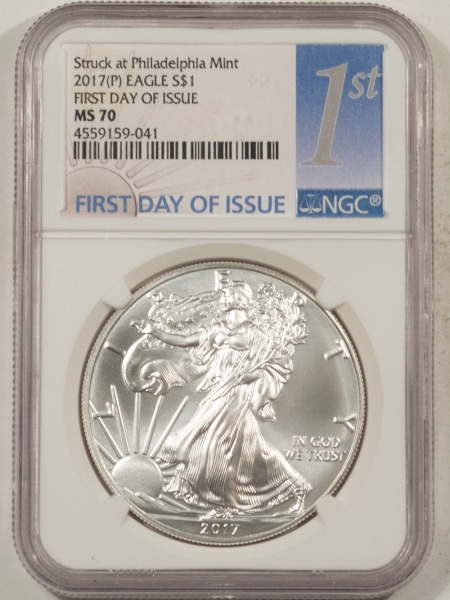 American Silver Eagles 2017(P) $1 AMERICAN SILVER EAGLE, STRUCK AT PHILADELPHIA 1 OZ – NGC MS-70, FDOI