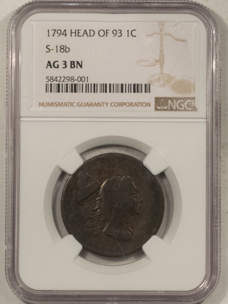Early Copper & Colonials 1794 FLOWING HAIR LARGE CENT S-18b HEAD OF 93 – NGC AG-3 BN, SMOOTH, STRONG DATE