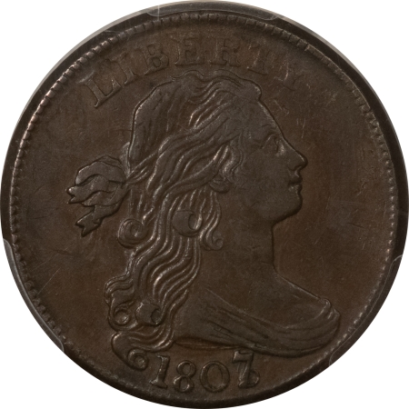 Draped Bust Large Cents 1807/6 DRAPED BUST LARGE CENT, LARGE 7 – PCGS AU-55, POP 3! GREAT COLOR!