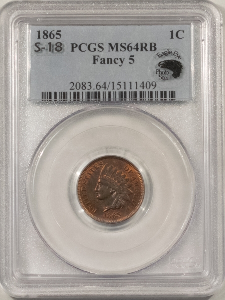 Indian 1865 INDIAN CENT, FANCY 5 – PCGS MS-64 RB, EAGLE EYE!