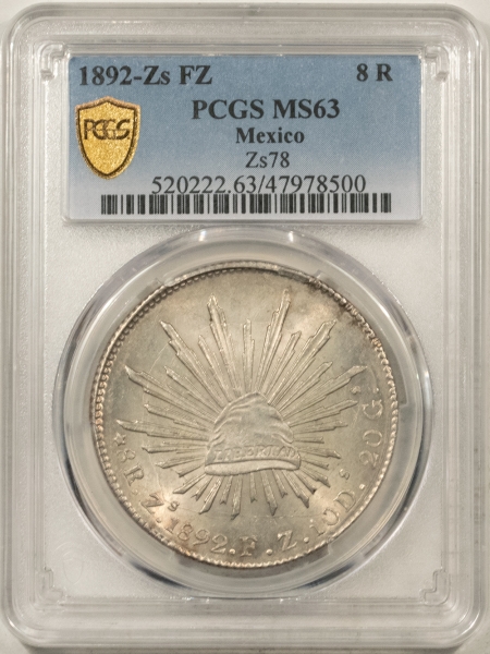 New Certified Coins 1892-Zs FZ MEXICO 8 REALES SILVER, Zs78 – PCGS MS-63, FRESH & FLASHY