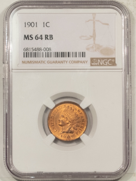 Indian 1901 INDIAN CENT – NGC MS-64 RB, MOSTLY RED!
