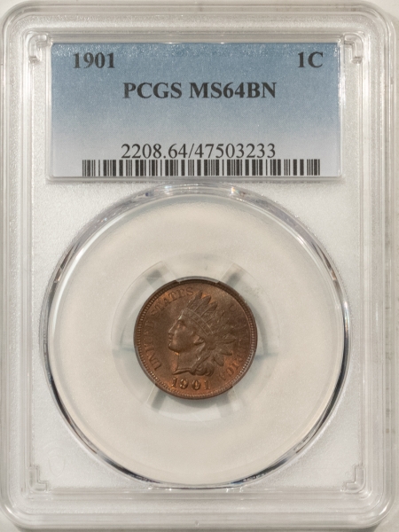 Indian 1901 INDIAN CENT – PCGS MS-64 BN, PRETTY W/ TRACES OF RED!