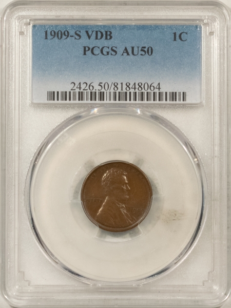 Lincoln Cents (Wheat) 1909-S VDB LINCOLN CENT – PCGS AU-50, NICE, SMOOTH & KEY DATE!