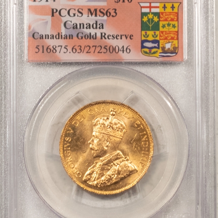 New Certified Coins 1914 $10 CANADA GOLD, GEORGE V, CANADIAN GOLD RESERVE – PCGS MS-63, FLASHY