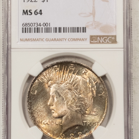 New Certified Coins 1922 PEACE DOLLAR – NGC MS-64, PREMIUM QUALITY, LOOKS GEM! PRETTY!