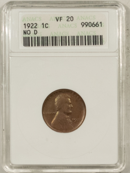 Lincoln Cents (Wheat) 1922 PLAIN LINCOLN CENT, NO D – ANACS VF-20, STRONG REVERSE!