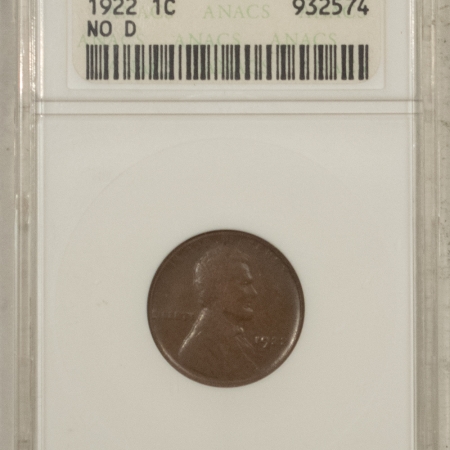 Lincoln Cents (Wheat) 1922 PLAIN LINCOLN CENT, NO D, STRONG REVERSE – ANACS VF-30, WHITE HOLDER, KEY