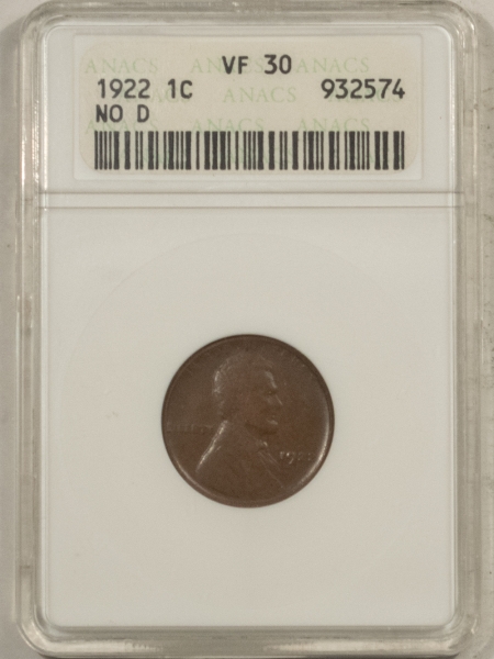 Lincoln Cents (Wheat) 1922 PLAIN LINCOLN CENT, NO D, STRONG REVERSE – ANACS VF-30, WHITE HOLDER, KEY