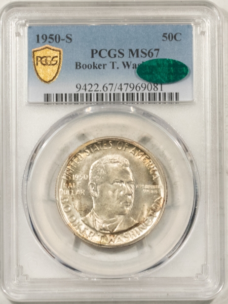 CAC Approved Coins 1950-S BOOKER T WASHINGTON COMMEM HALF DOLLAR – PCGS MS-67 CAC, SUPERB & PQ+!