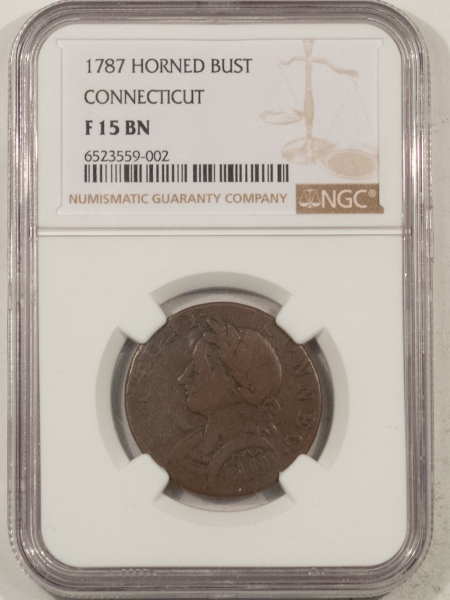Colonials 1787 HORNED BUST CONNECTICUT CENT – NGC F-15 BN