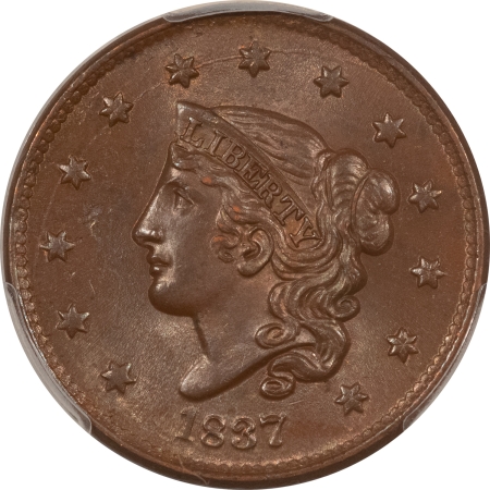 Coronet Head Large Cents 1837 LARGE CENT CENT PLAIN CORDS, MEDIUM LETTERS, PCGS MS-64 BN, FRESH, PQ!