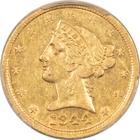 $5 1844-D $5 LIBERTY HEAD GOLD – PCGS AU-50, SCARCE! DAHLONEGA MINT!