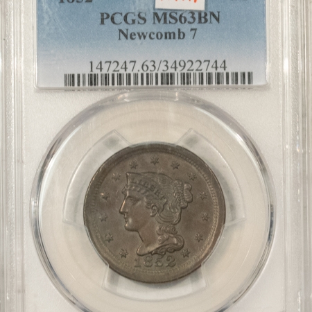 New Store Items 1852 CORONET HEAD LARGE CENT, N-7, R-1 – PCGS MS-63 BN, CHOICE!