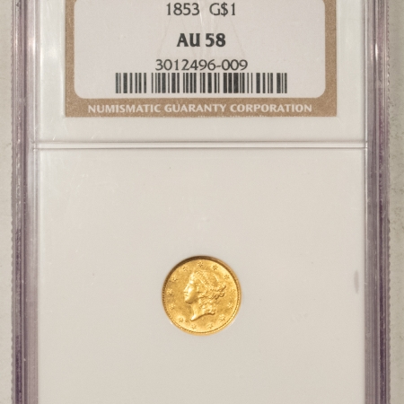 New Store Items 1853 $1 GOLD DOLLAR, TYPE 1 – NGC AU-58, FLASHY