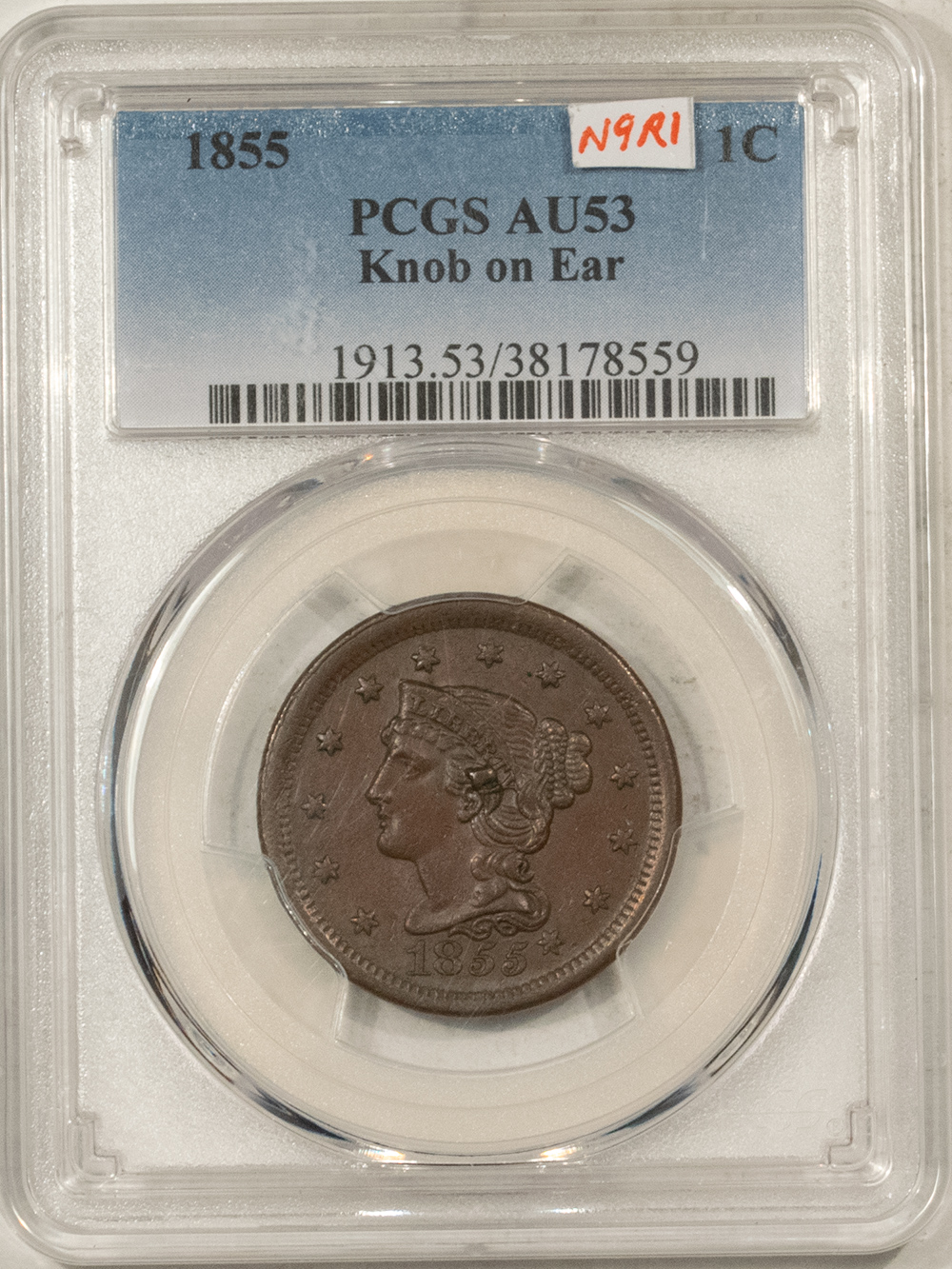 1855 HEAD LARGE CENT, N9, R1, KNOB ON EAR PCGS AU53, NICE